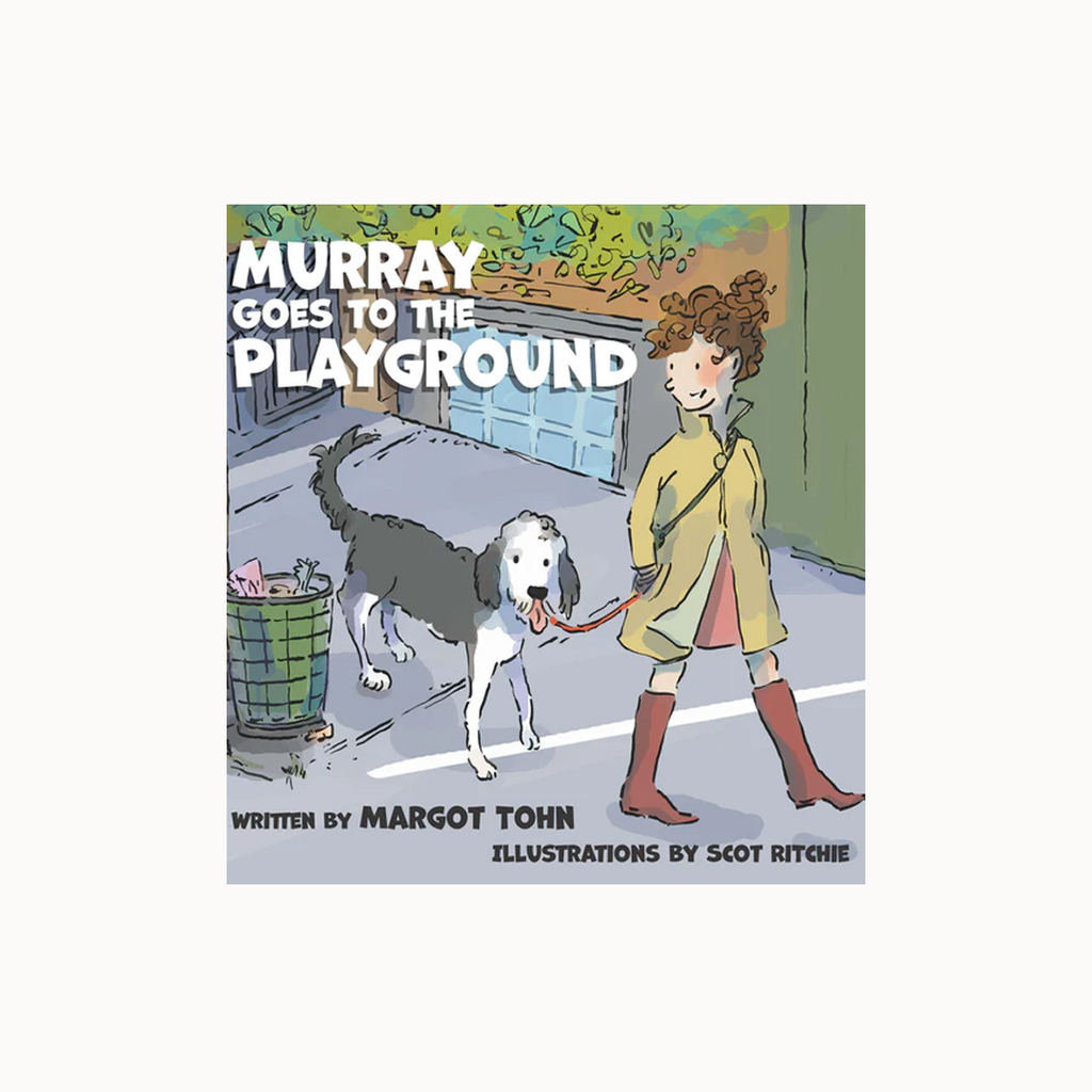 Book cover of 'Murray Goes to the Playground' with a woman walking a dog on a leash.