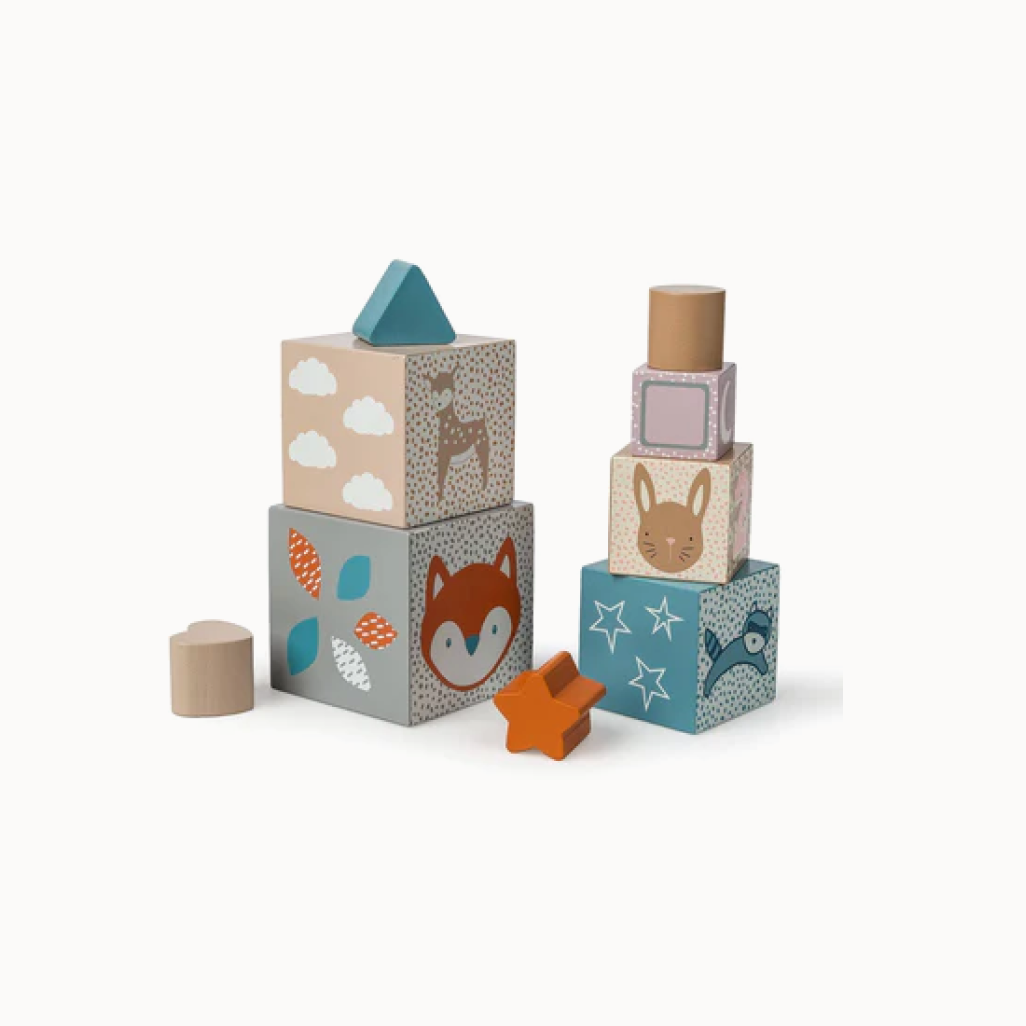Set of wooden blocks with animal and shape designs on a white background