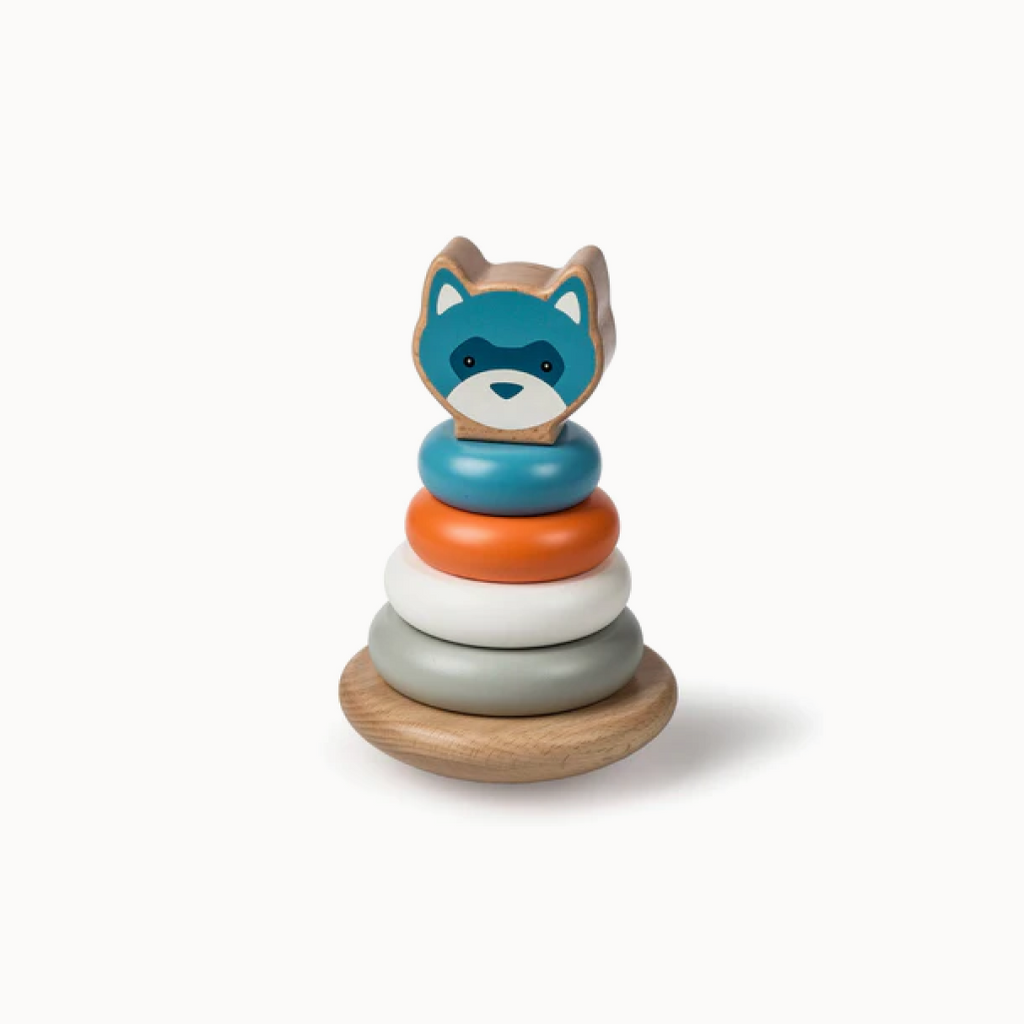 Wooden stacker toy with fox design on a white background