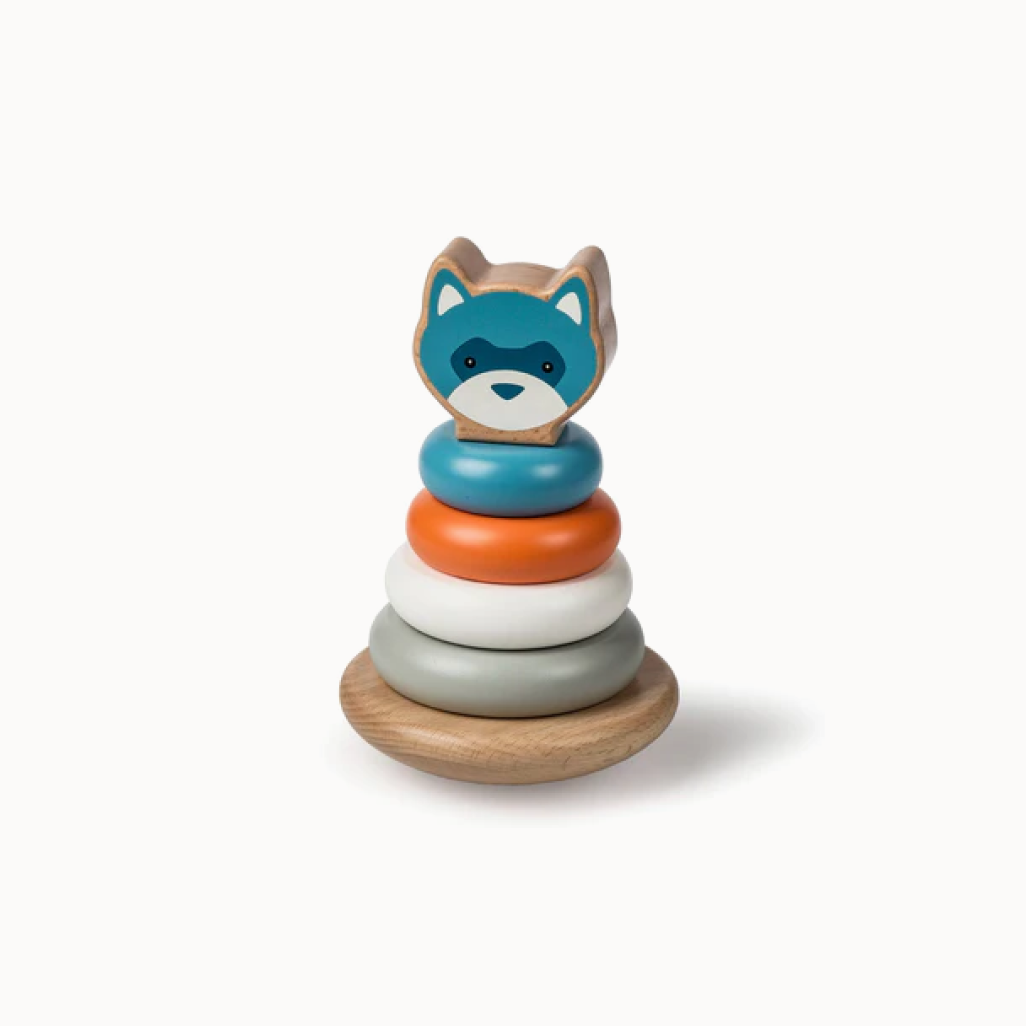 Wooden stacker toy with fox design on a white background