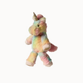Pastel-colored unicorn plush toy on a white background