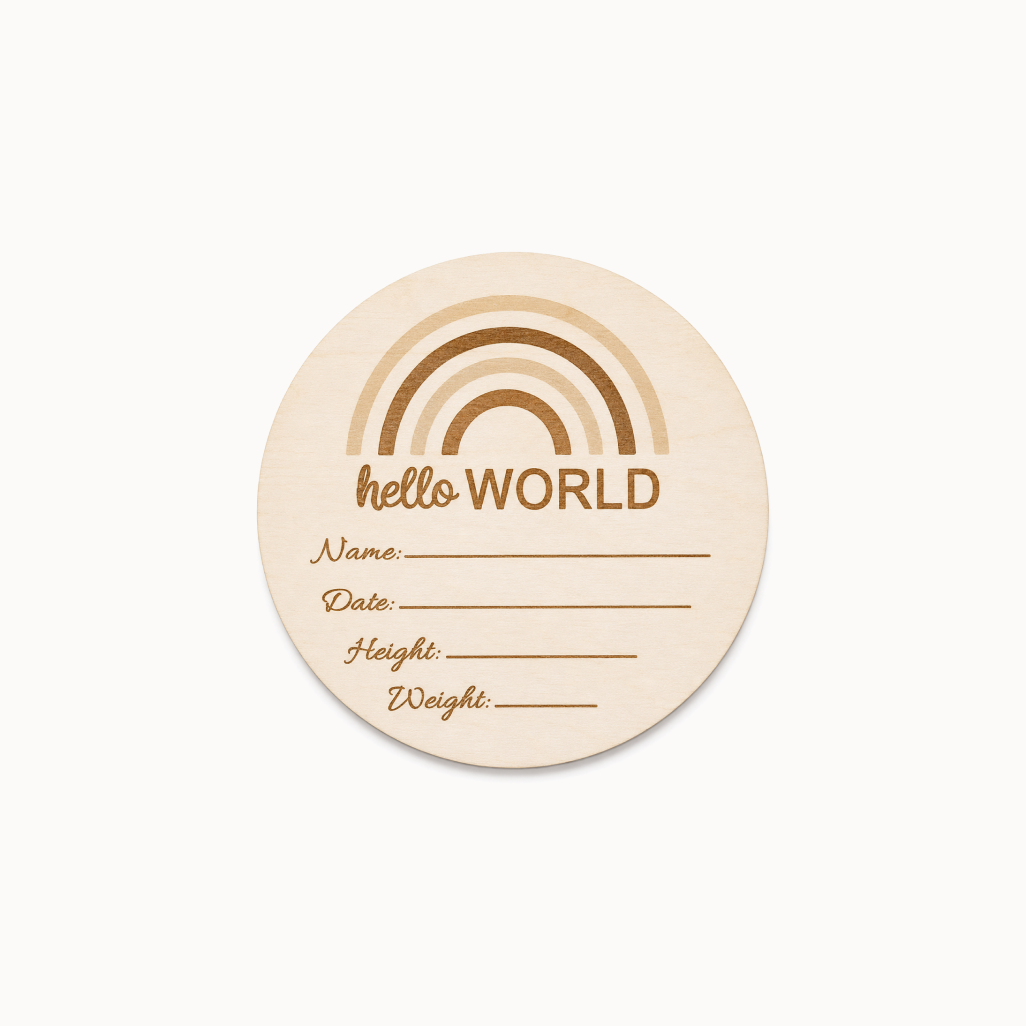 Round wooden card with 'hello WORLD' text and blank lines for personalization on a white background.