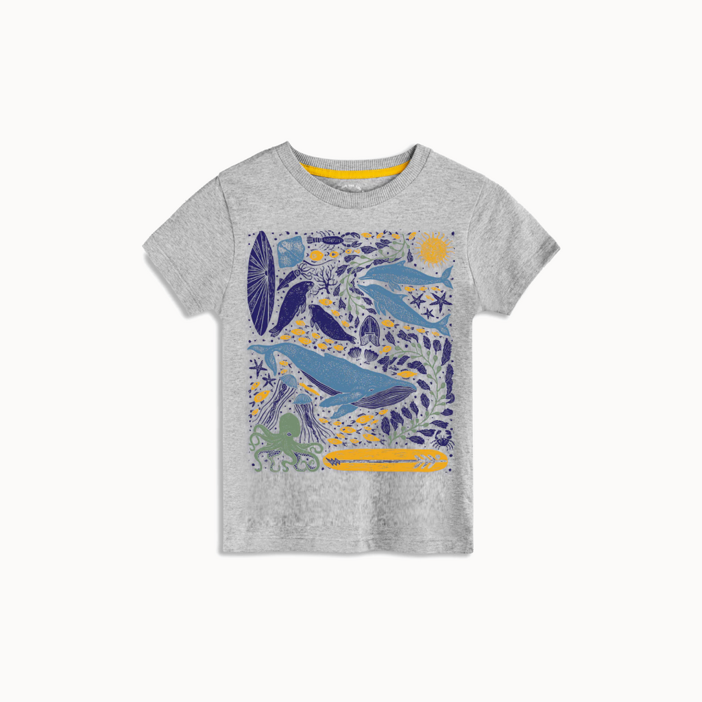Gray t-shirt with blue whale design on a white background
