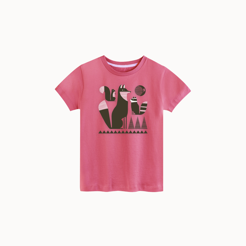 Pink t-shirt with a graphic design of a fox and trees on a white background