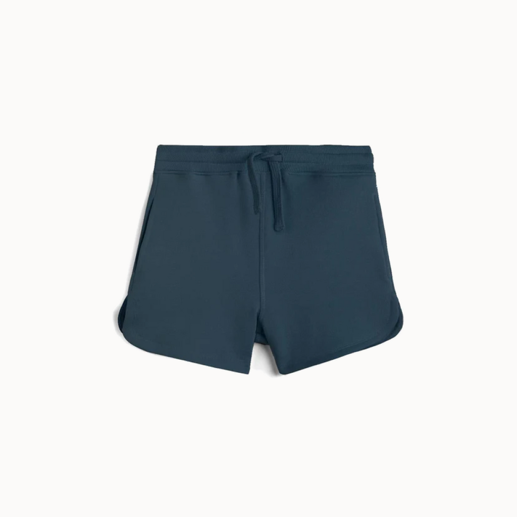 Navy blue shorts with a drawstring on a white background