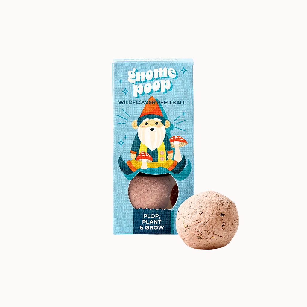 Gnome poop wildflower seed ball packaging with a cartoon gnome on a blue background