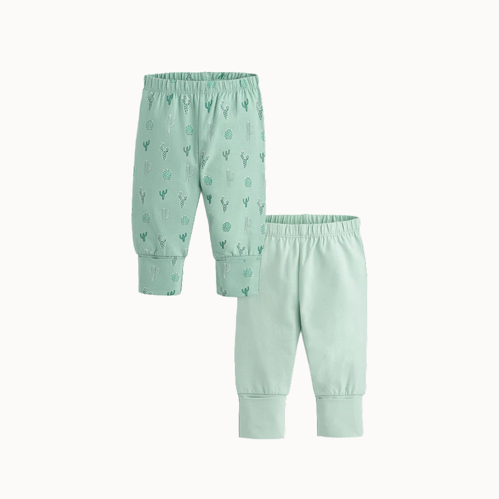 Set of light green pants with cactus pattern on a white background