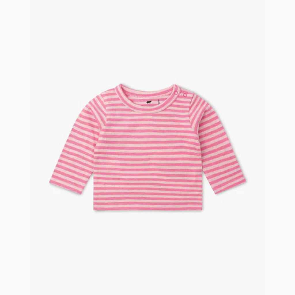 Pink and white striped long-sleeve shirt on a white background