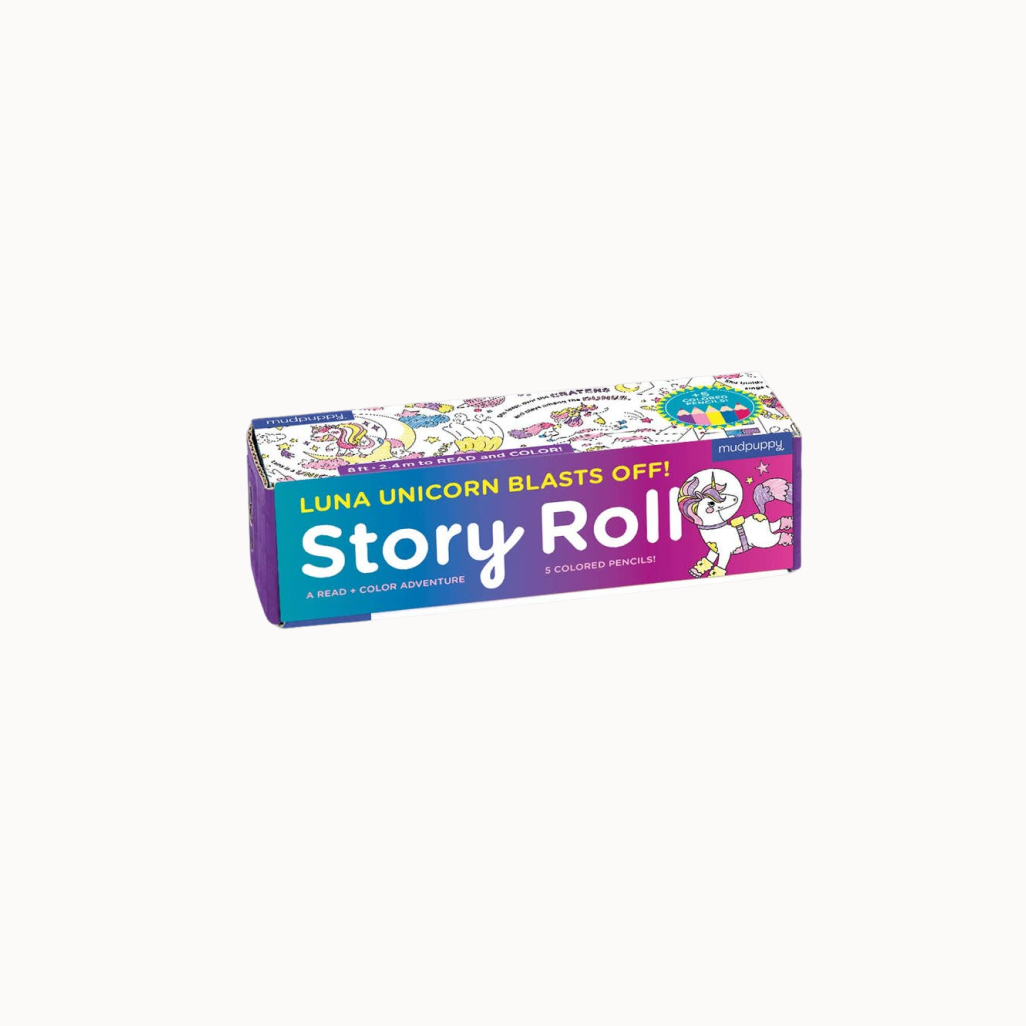 Luna Unicorn read and color story roll box on white background