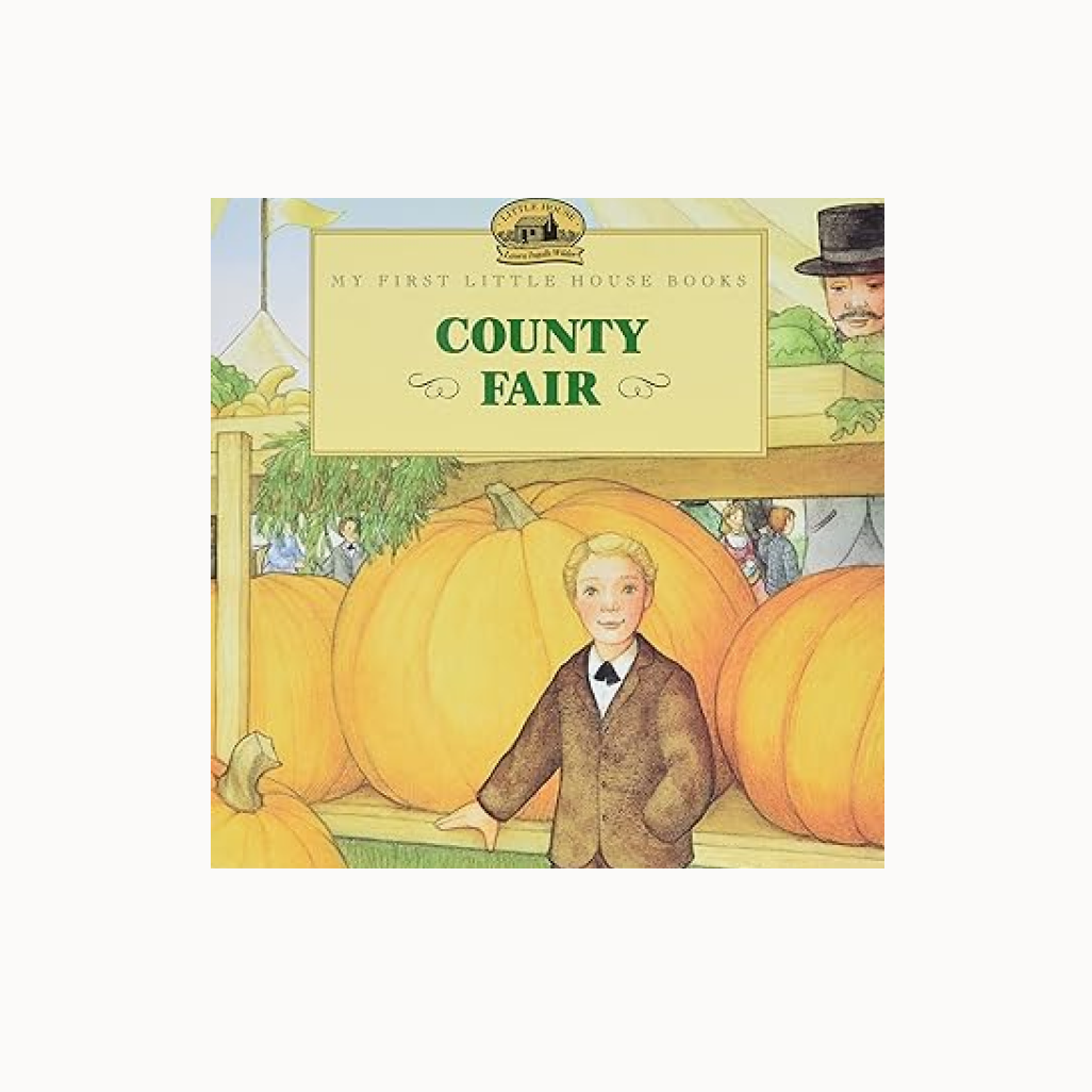 Cover of "County Fair" book and man in front of large pumpkins