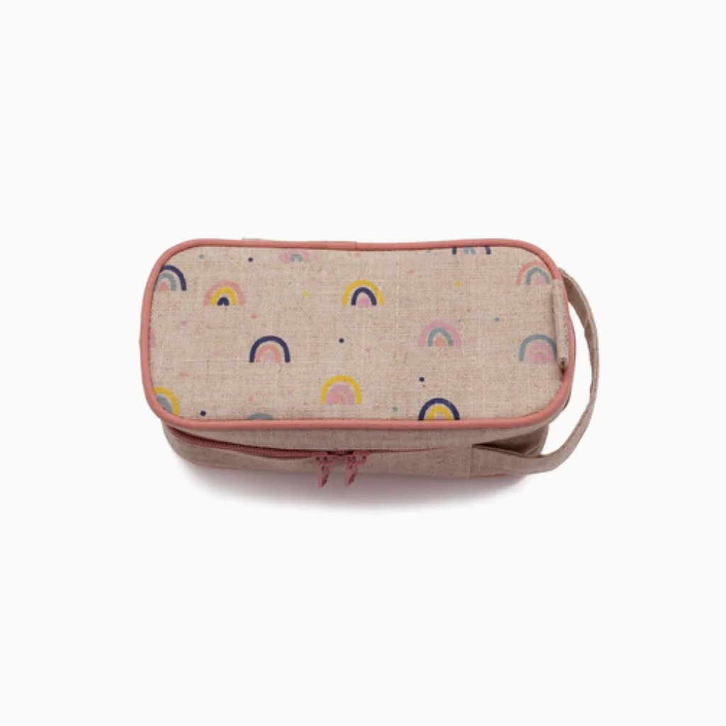 Beige case with colorful, illustrated rainbows