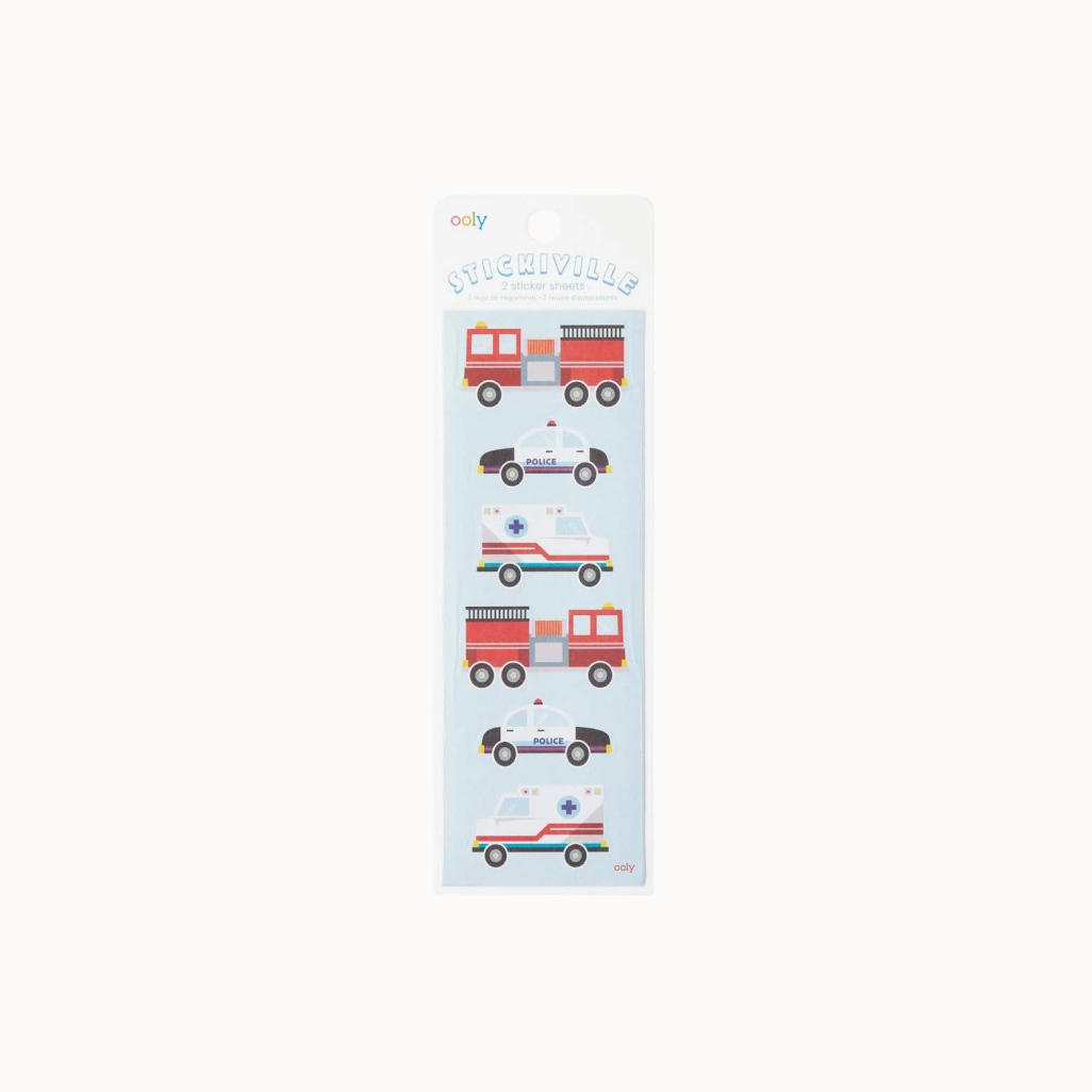 Pack of stickers with fire trucks, ambulances, and police cars on a white background