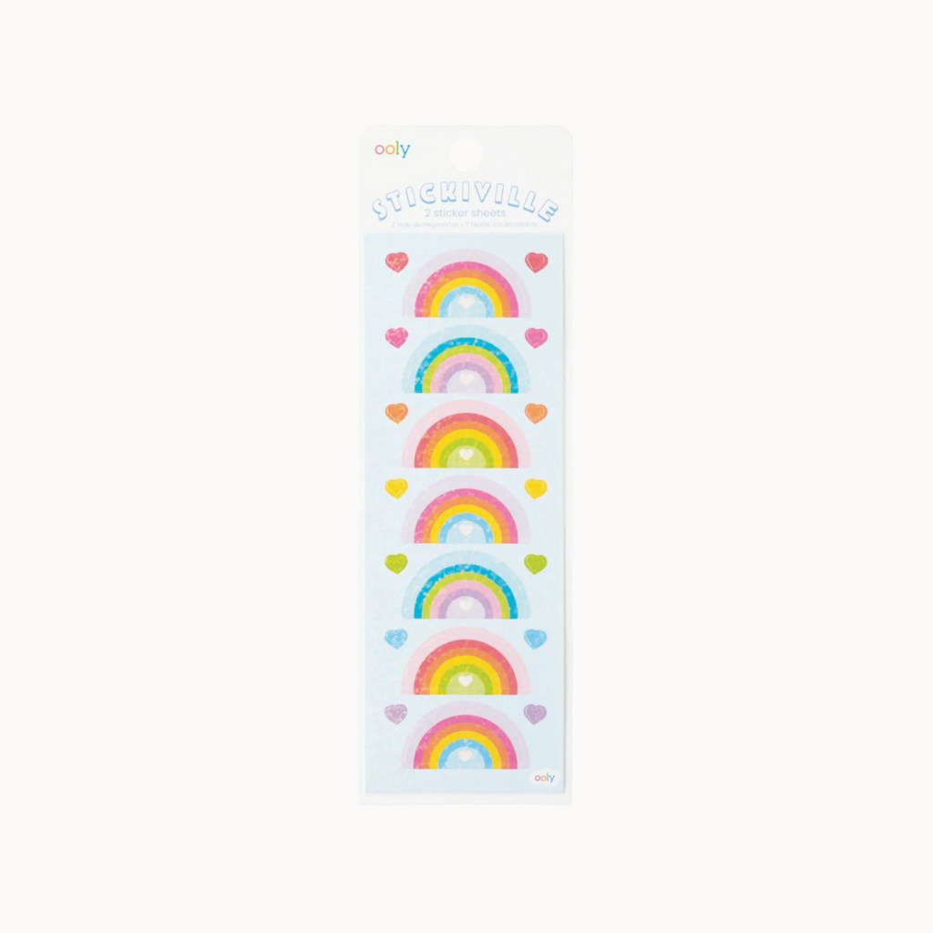 Pack of rainbow and heart stickers with 'Ooly' branding on a white background