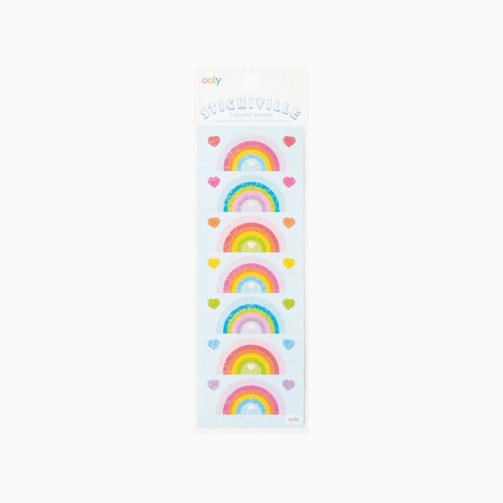 Pack of rainbow and heart stickers with 'Ooly' branding on a white background