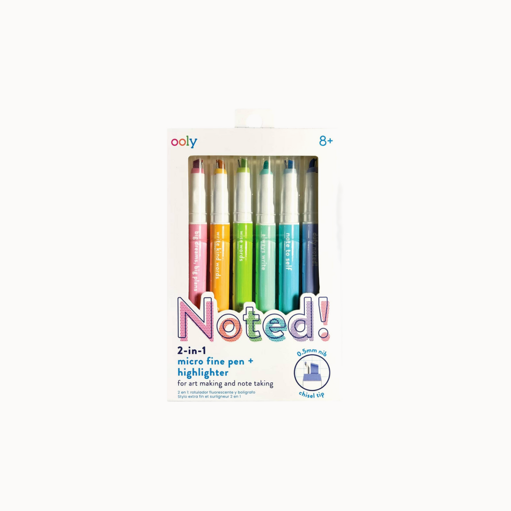 Packaging of Ooly Noted! 2-in-1 micro fine pen and highlighter set on a white background