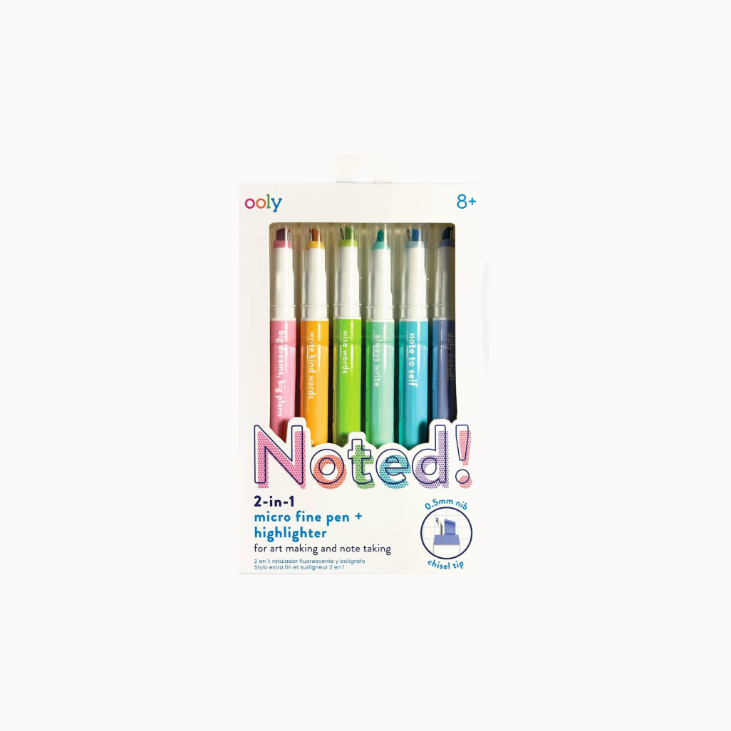 Packaging of Ooly Noted! 2-in-1 micro fine pen and highlighter set on a white background