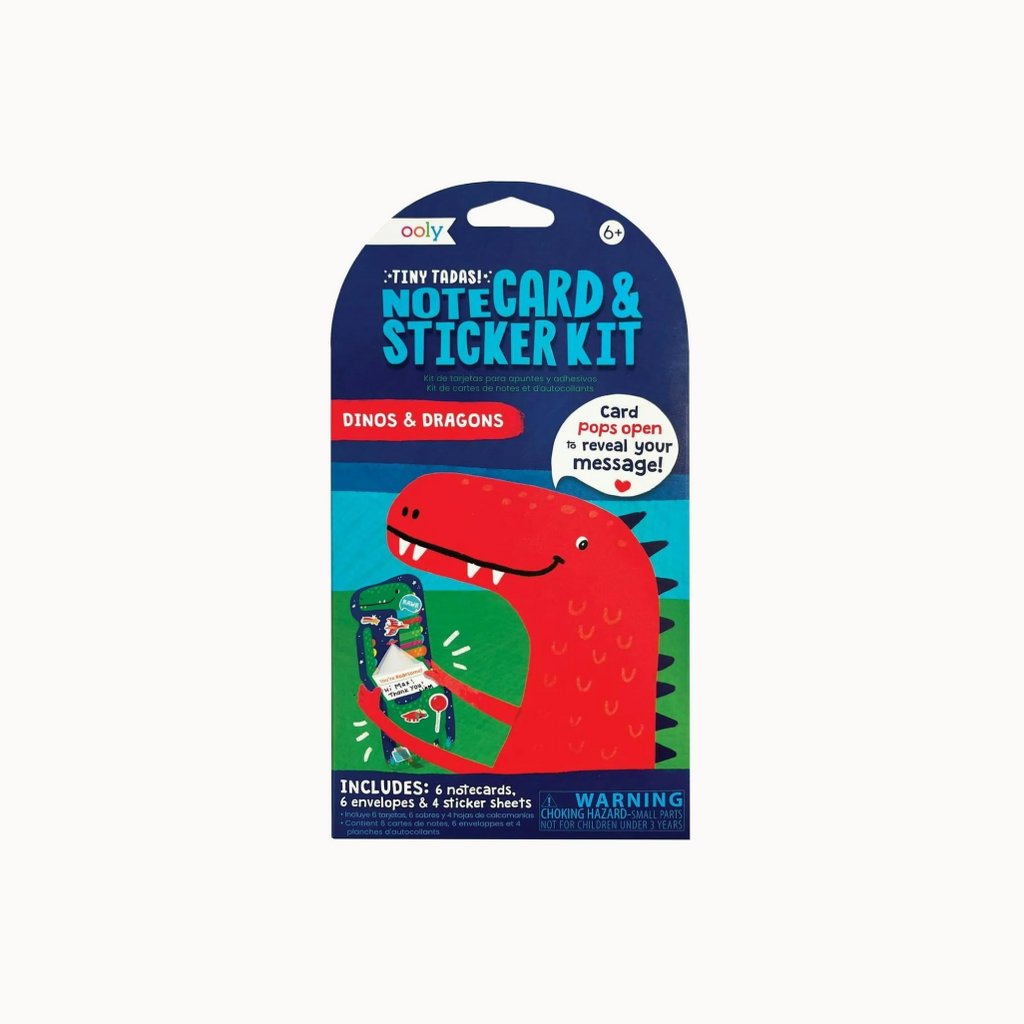 Packaging of a 'Tiny Tadpoles' notecard and sticker kit with a dinosaur design on a white background.