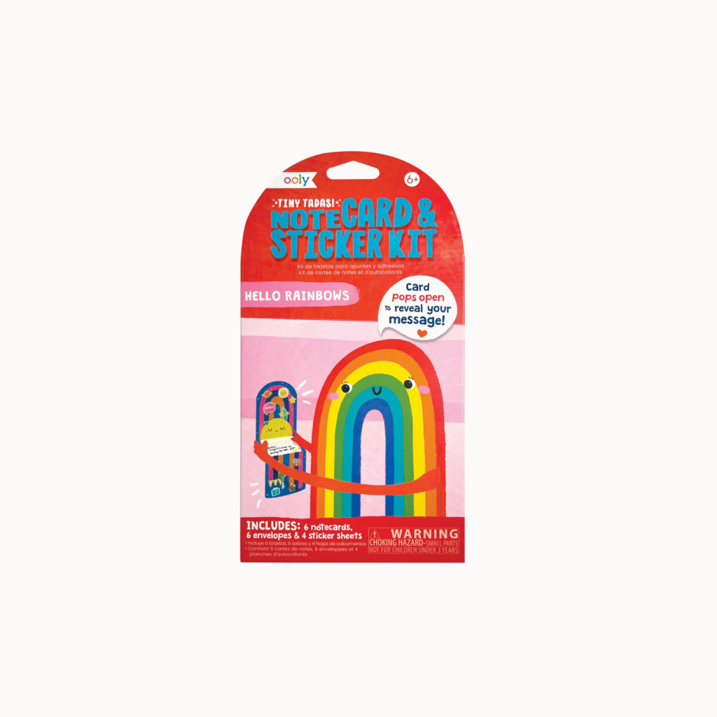 Packaging of a 'Tiny Tadas' card and sticker kit with a rainbow design on a white background.