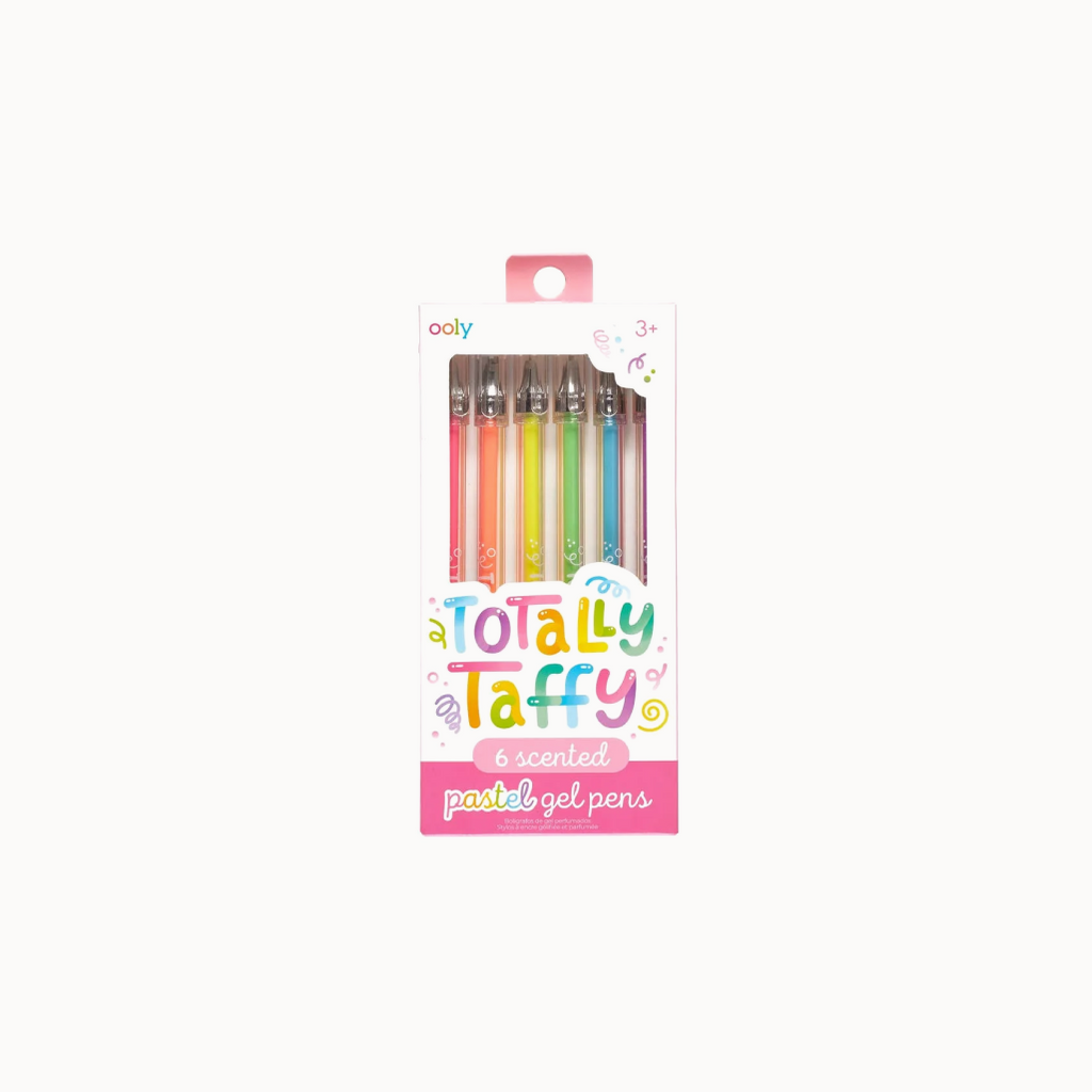 Packaging of 'Totally Laffy' pastel gel pens with colorful design and text.