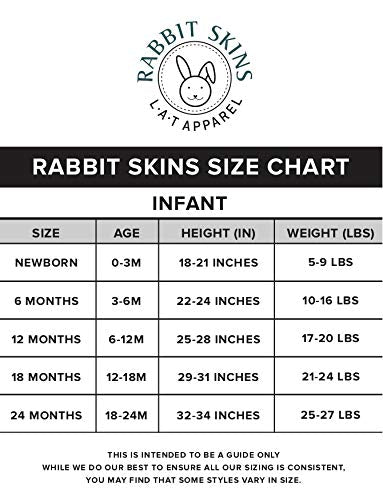 Infant size chart from Rabbit Skins La't Apparel showing height and weight measurements by age from newborn to 24 months.