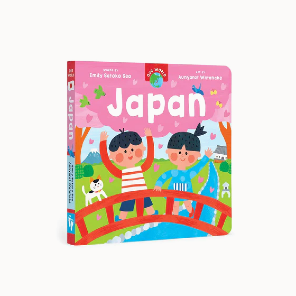 book labeled Japan with children on cover on bridge and with trees