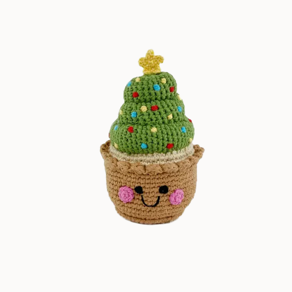 Crocheted christmas rattle with smiley face