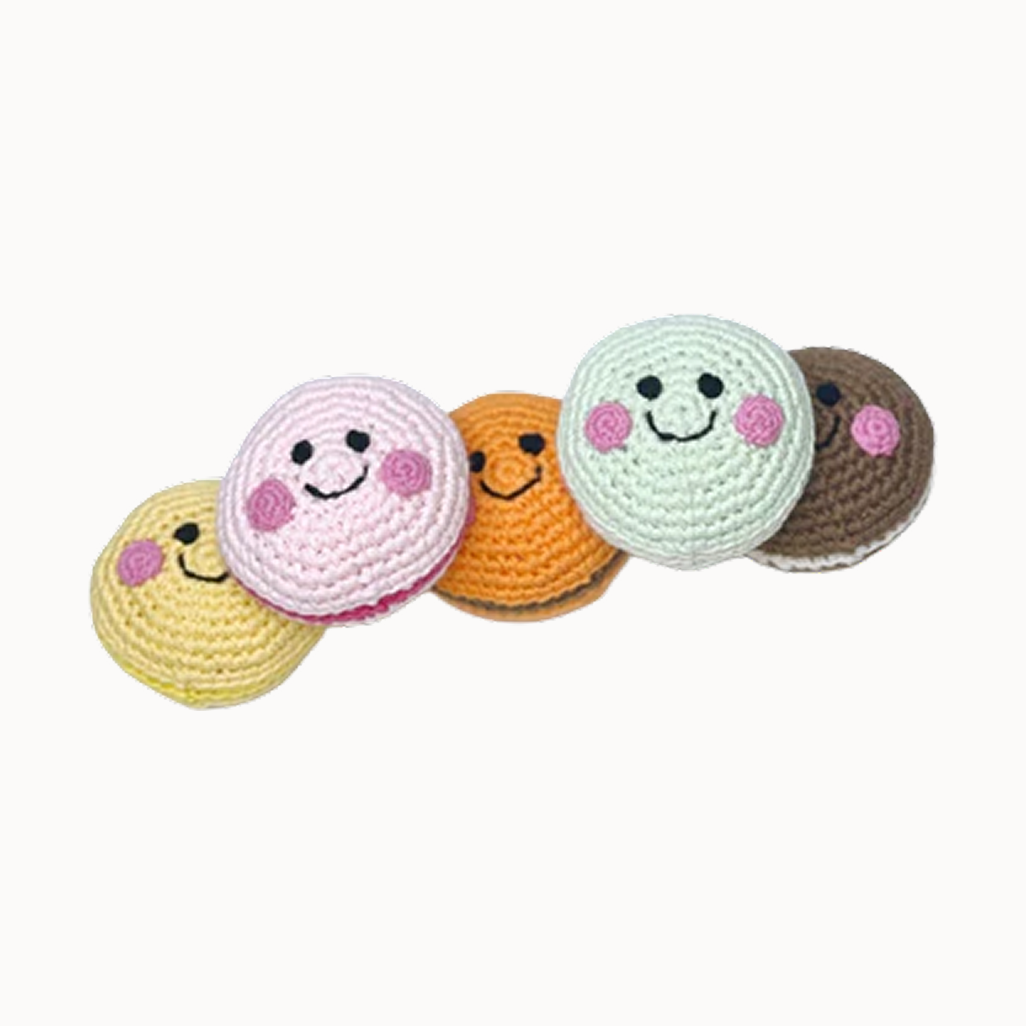Set of colorful crocheted macarons