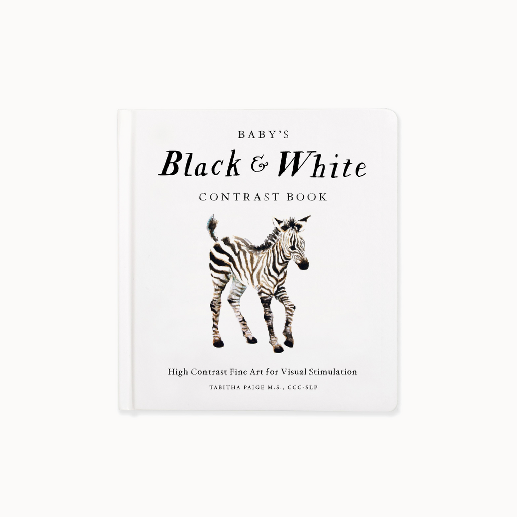 Cover of "Baby's lack & White Contrast Book" and a baby zebra drawn on it