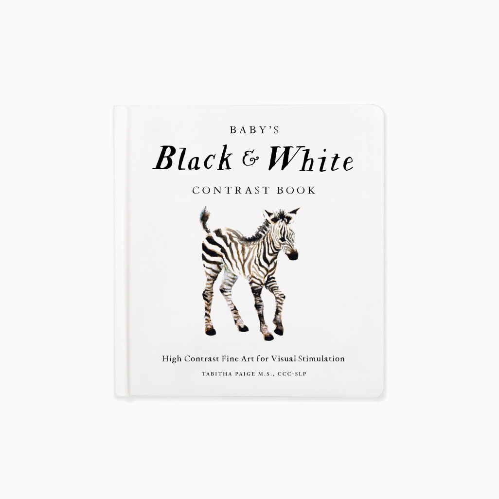 Cover of "Baby's lack & White Contrast Book" and a baby zebra drawn on it