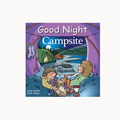 Book cover of 'Good Night Campsite' with a purple tent and two children inside.