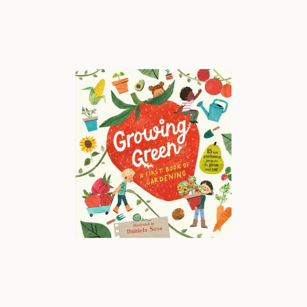 Book cover of 'Growing Green' with illustrations of children gardening and vegetables.