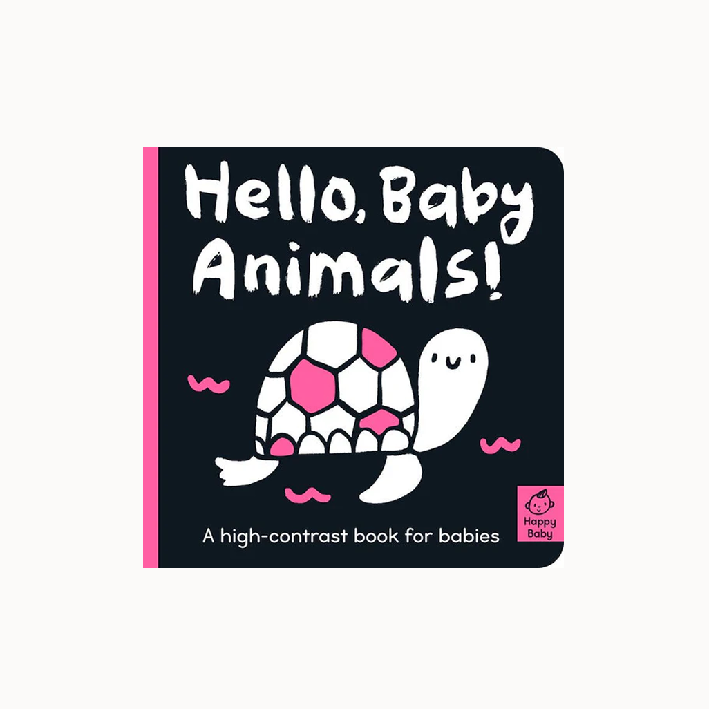 Cover of "Hello, Baby Animals!" in black, white, and pink