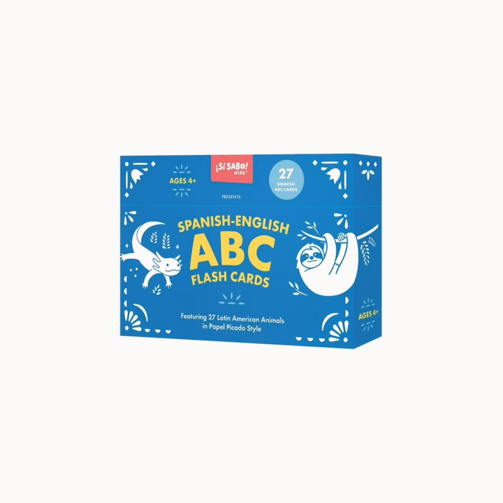 Box of Spanish-English ABC flash cards with illustrations of animals on a white background