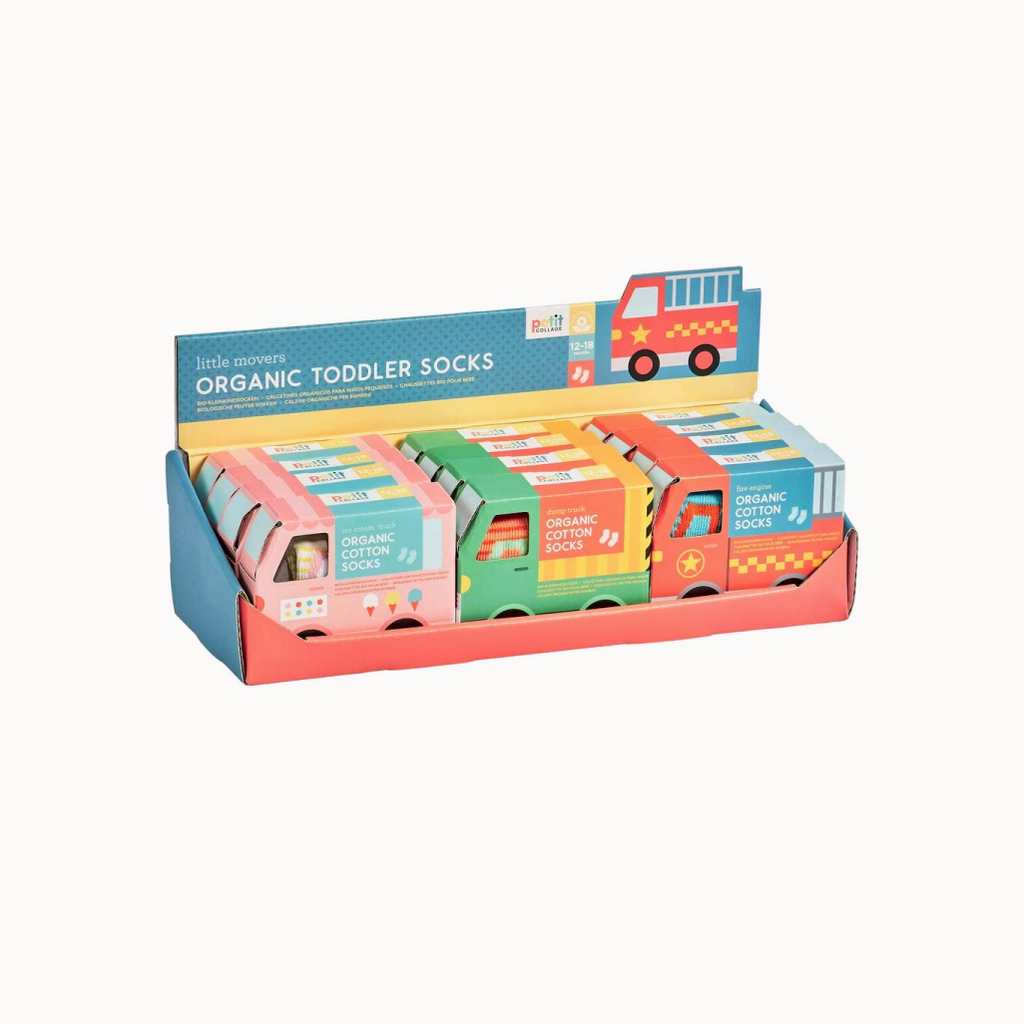 Packs of toddler organic cotton socks in truck packages