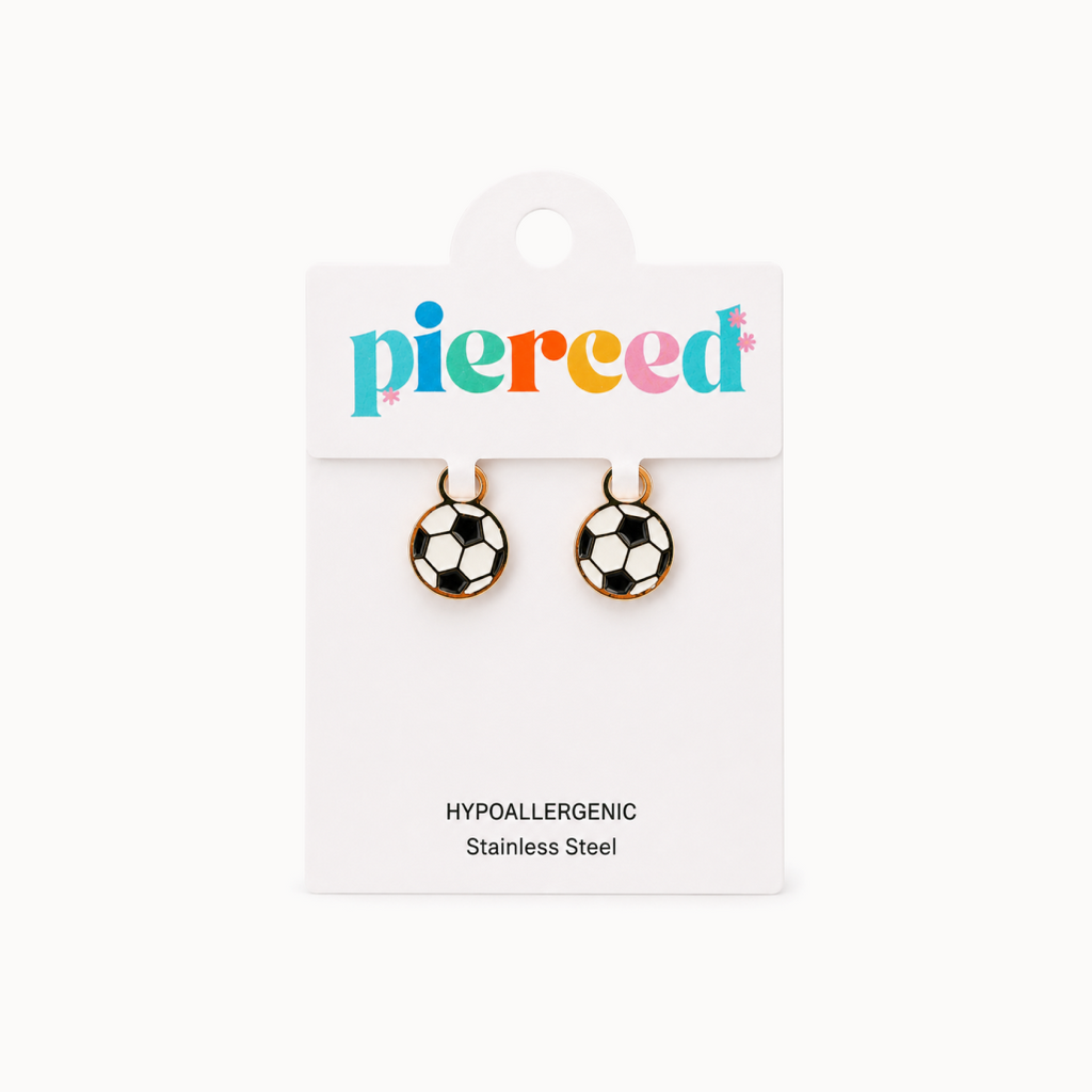 Soccer ball-shaped earrings on a 'pierced' card