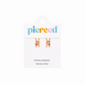 Pair of gold ballet slipper earrings on a 'pierced' branded card with white background