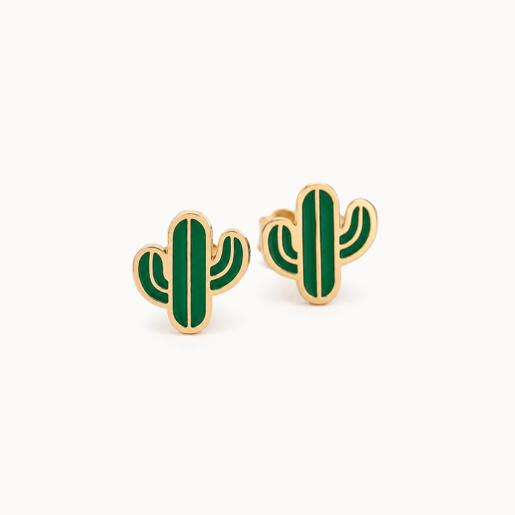 Cactus-shaped earrings on a white background