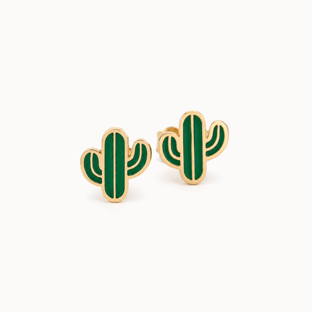 Cactus-shaped earrings on a white background