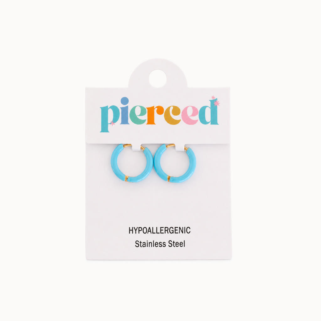 Turquoise hoop earrings on a 'pierced' branded card on a white background
