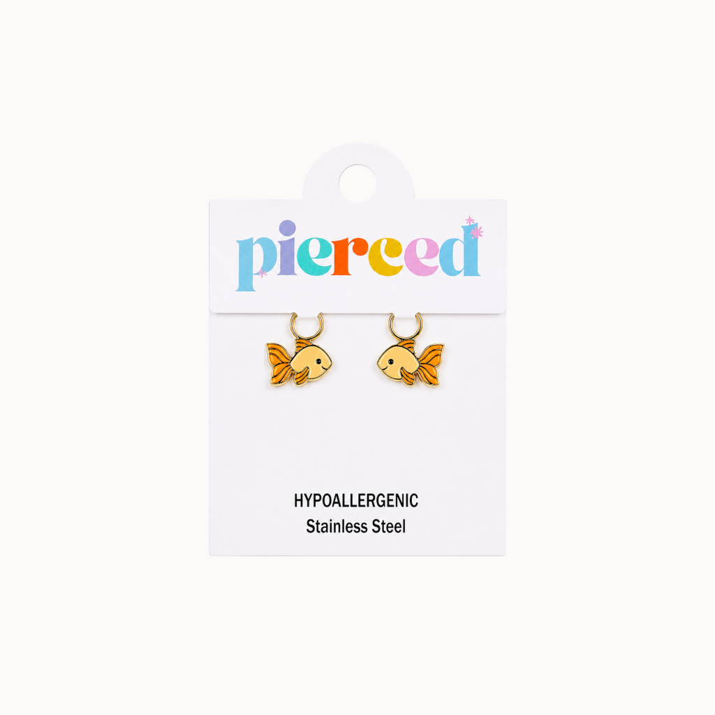 Goldfish-shaped earrings on a 'pierced' branded card with a white background