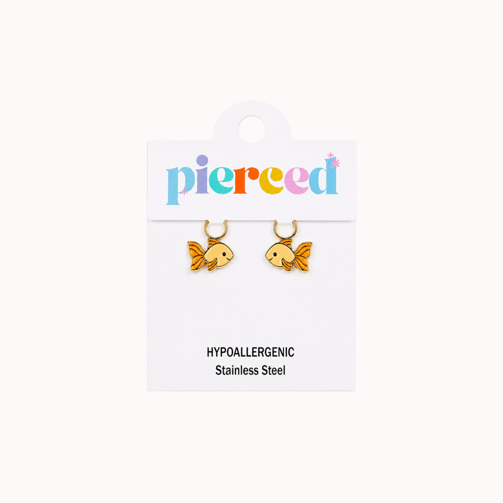 Goldfish-shaped earrings on a 'pierced' branded card with a white background