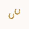 Gold horseshoe-shaped earrings on a white background