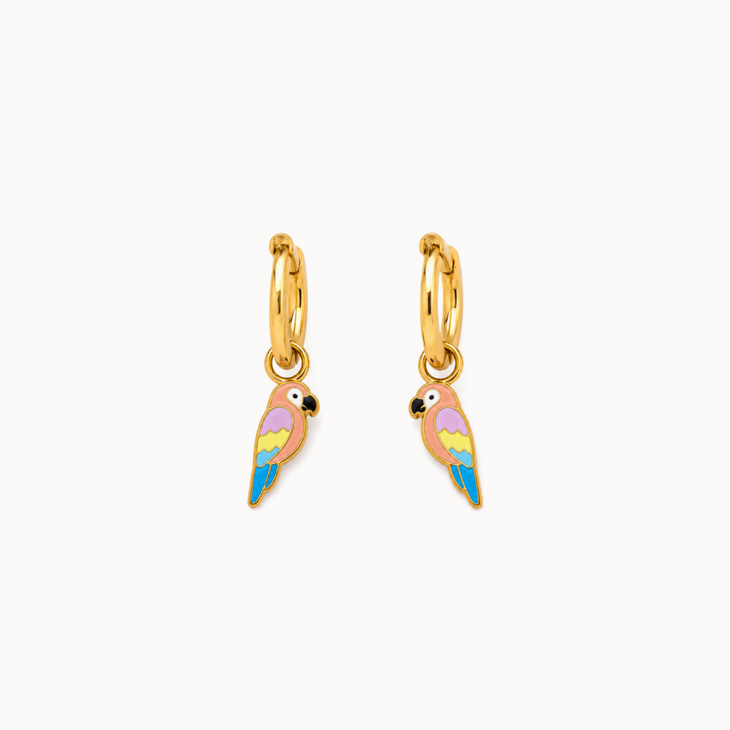 Gold hoop earring with colorful wing design on a white background