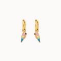 Gold hoop earring with colorful wing design on a white background