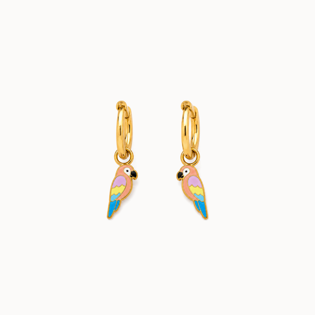 Gold hoop earring with colorful wing design on a white background