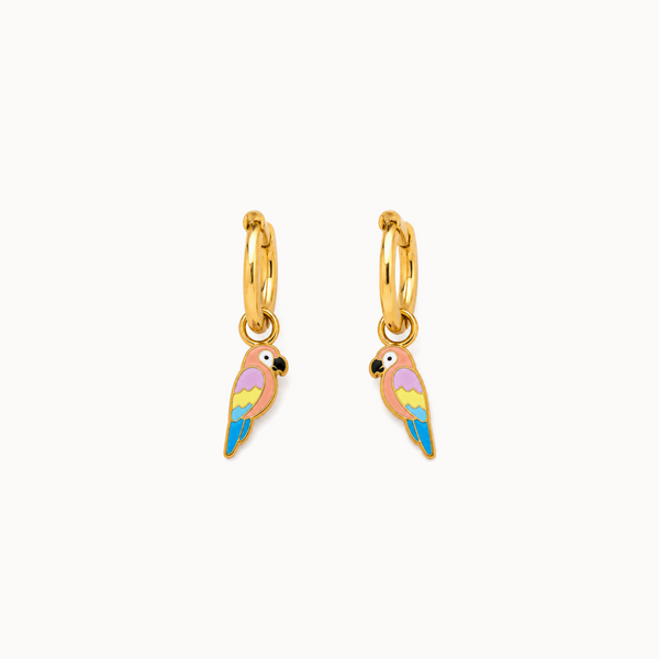 Gold hoop earring with colorful wing design on a white background