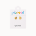 Gold paw-shaped earrings on a 'pierced' branded card with a white background