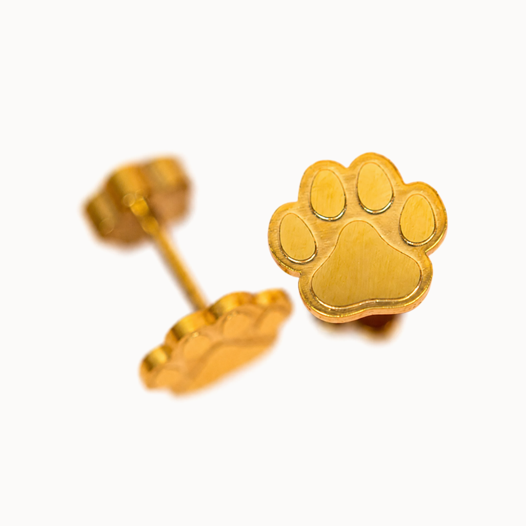 Gold paw print earrings on a white background