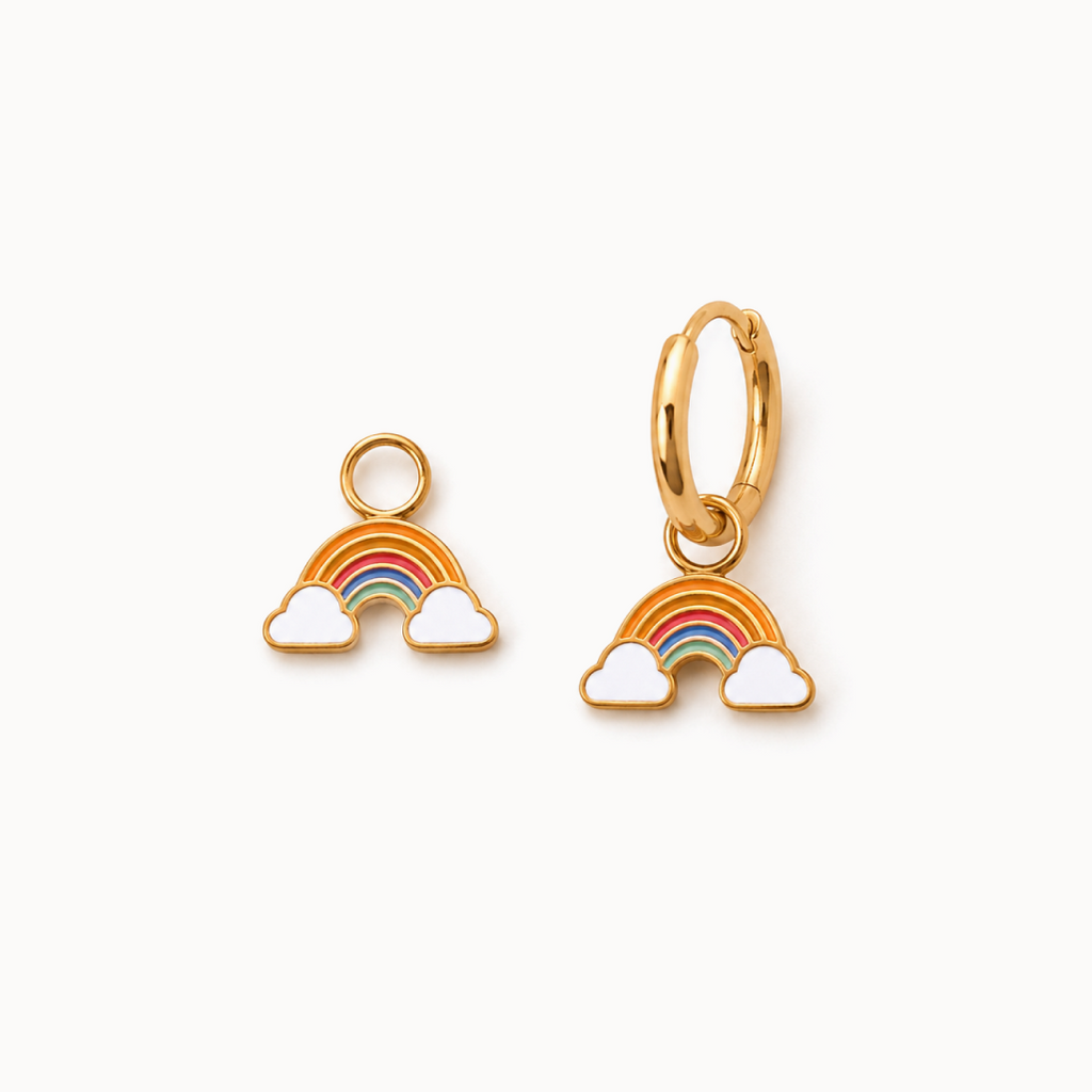 Rainbow-shaped earrings on a white background.