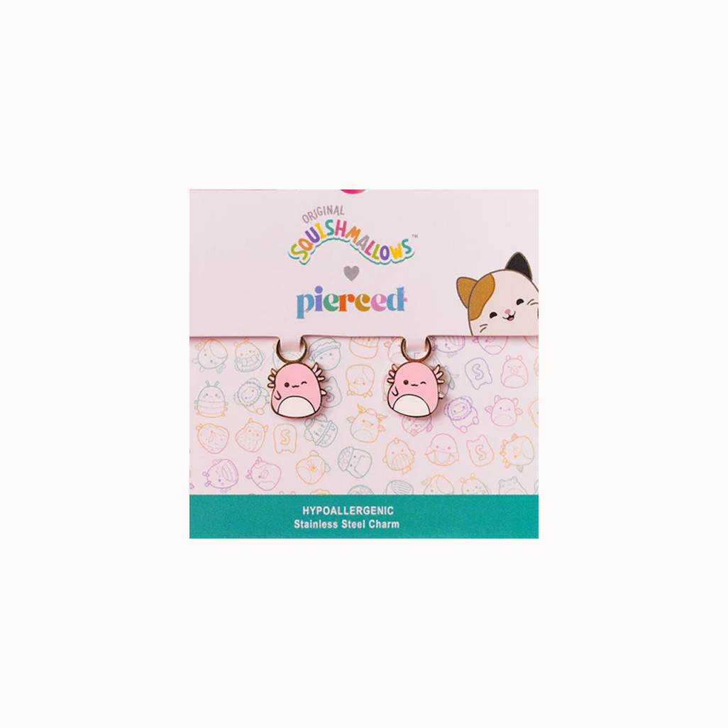 Squishmallows earrings on a branded packaging with a white background
